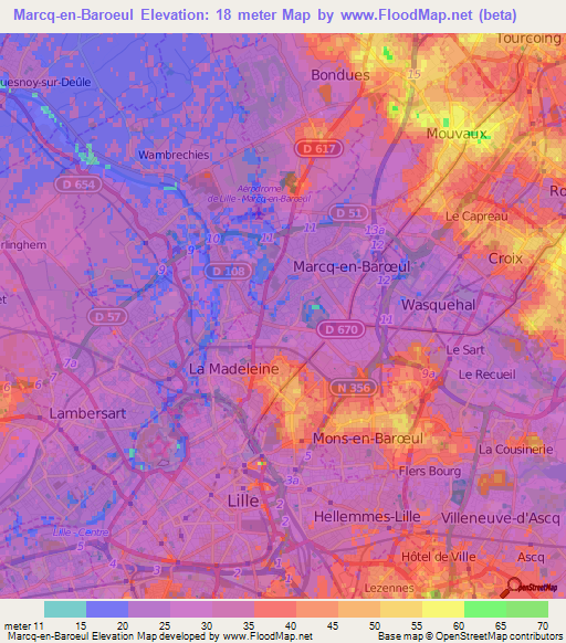 Marcq-en-Baroeul,France Elevation Map