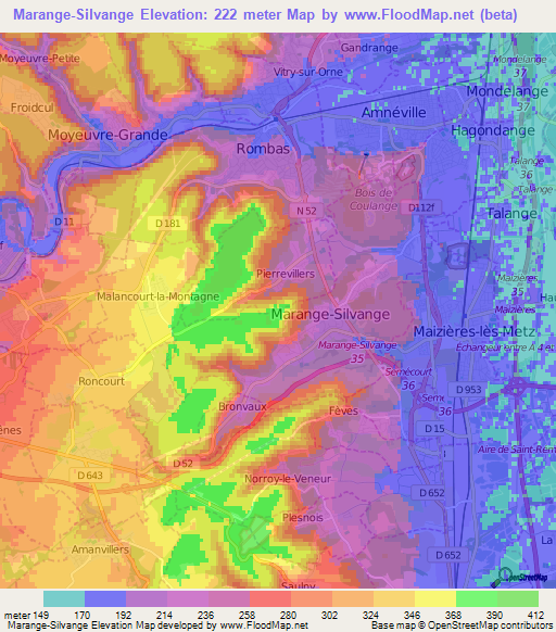 Marange-Silvange,France Elevation Map