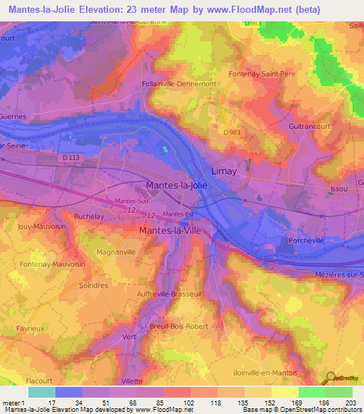 Mantes-la-Jolie,France Elevation Map