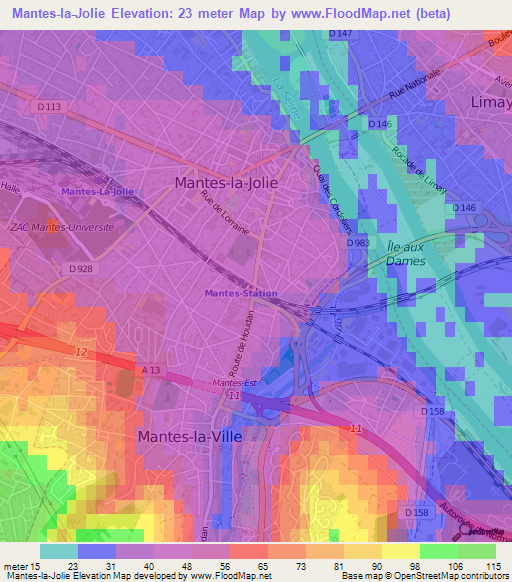 Mantes-la-Jolie,France Elevation Map