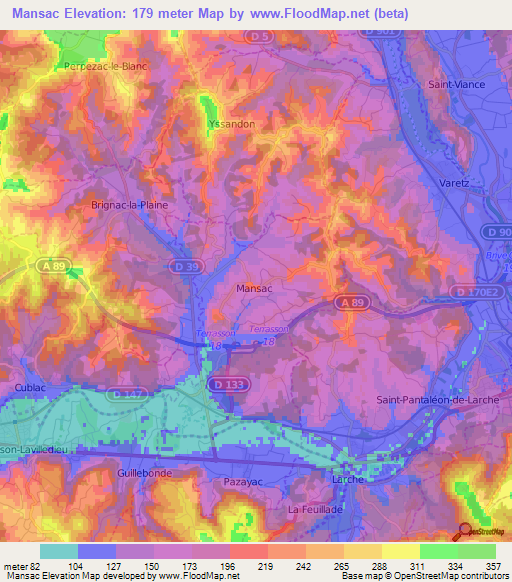 Mansac,France Elevation Map