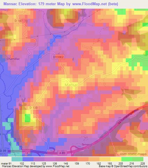 Mansac,France Elevation Map