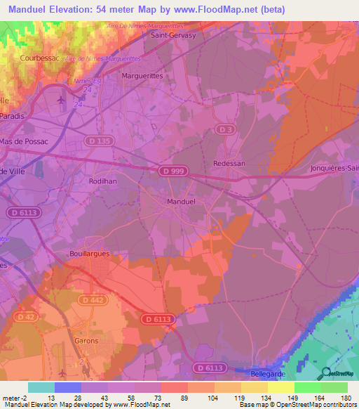 Manduel,France Elevation Map