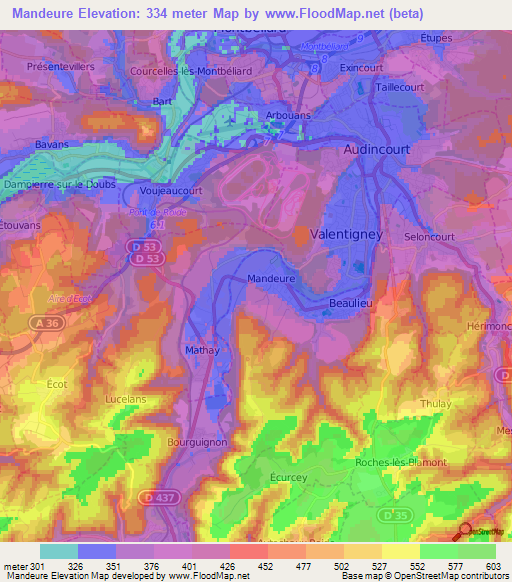 Mandeure,France Elevation Map