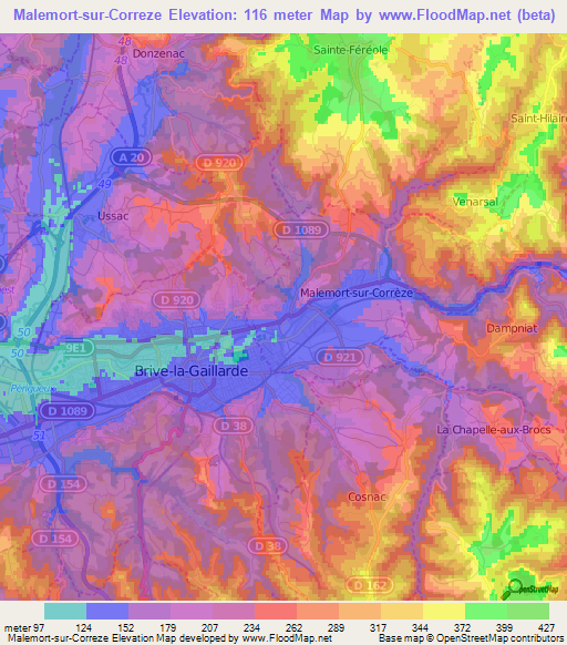 Malemort-sur-Correze,France Elevation Map