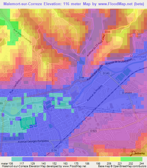 Malemort-sur-Correze,France Elevation Map