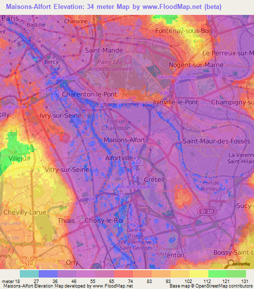 Maisons-Alfort,France Elevation Map