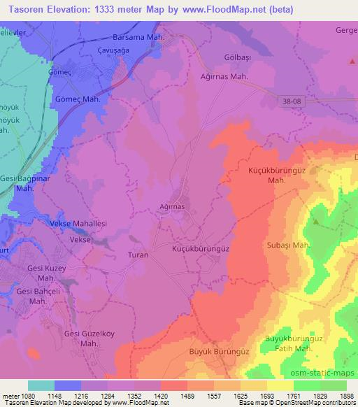 Tasoren,Turkey Elevation Map