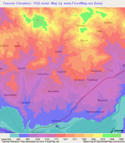 Tasoren,Turkey Elevation Map