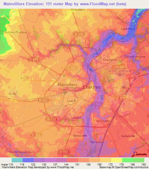 Mainvilliers,France Elevation Map