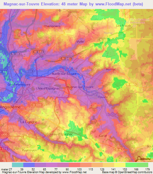 Magnac-sur-Touvre,France Elevation Map