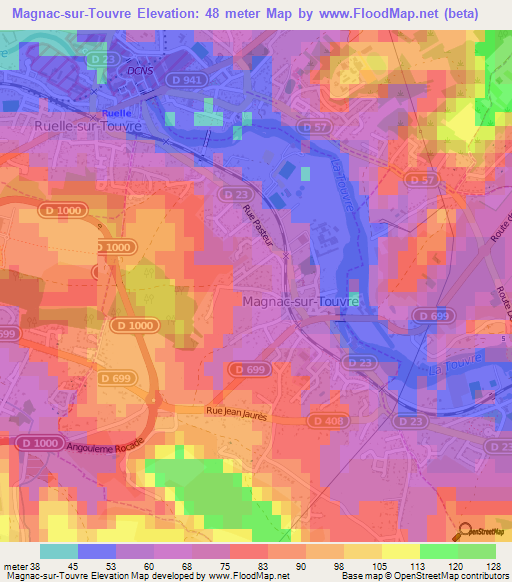 Magnac-sur-Touvre,France Elevation Map