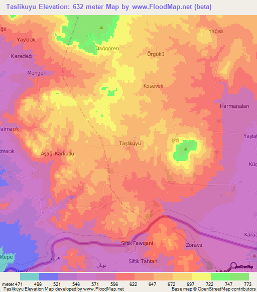 Taslikuyu,Turkey Elevation Map