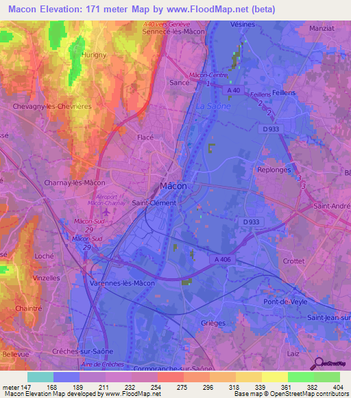 Macon,France Elevation Map