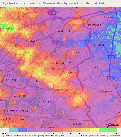 Lys-lez-Lannoy,France Elevation Map