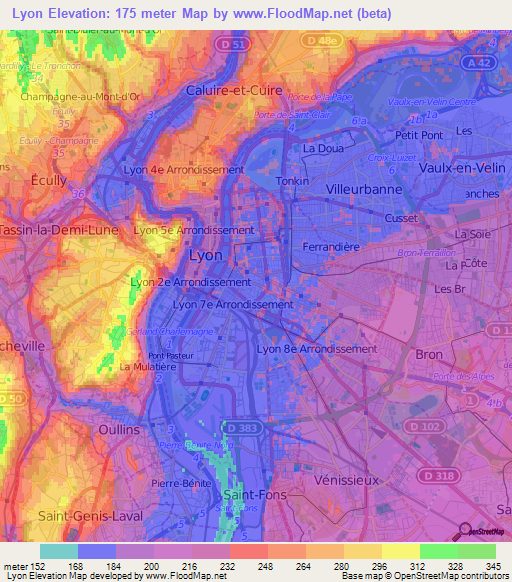 Lyon,France Elevation Map