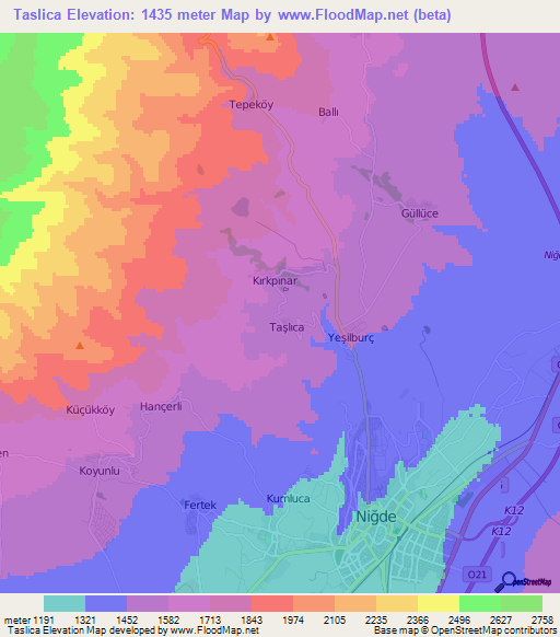 Taslica,Turkey Elevation Map