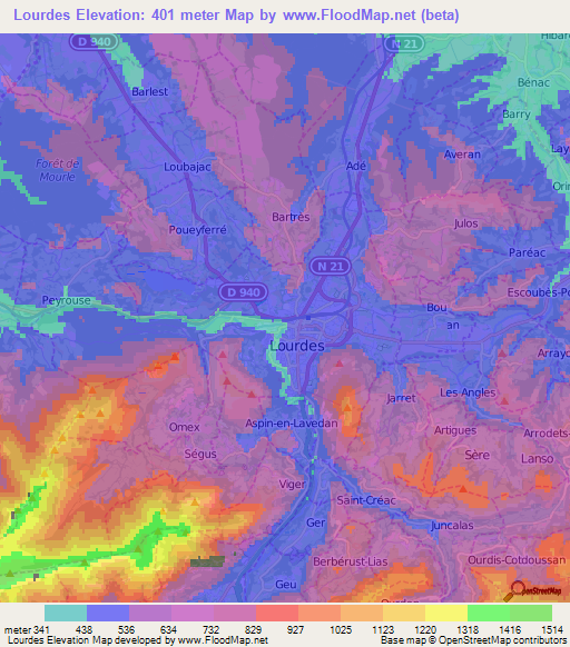 Lourdes,France Elevation Map