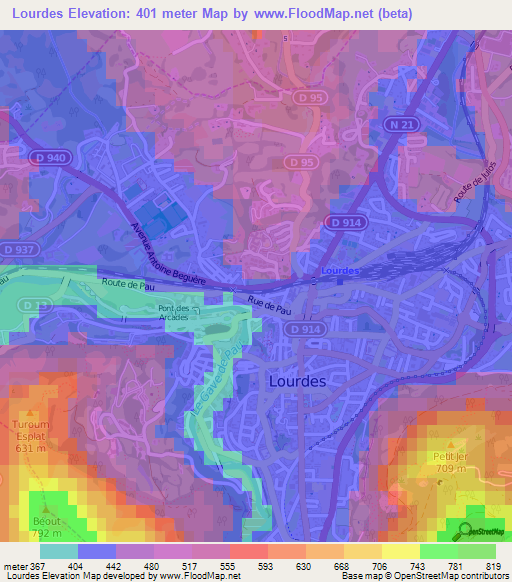 Lourdes,France Elevation Map