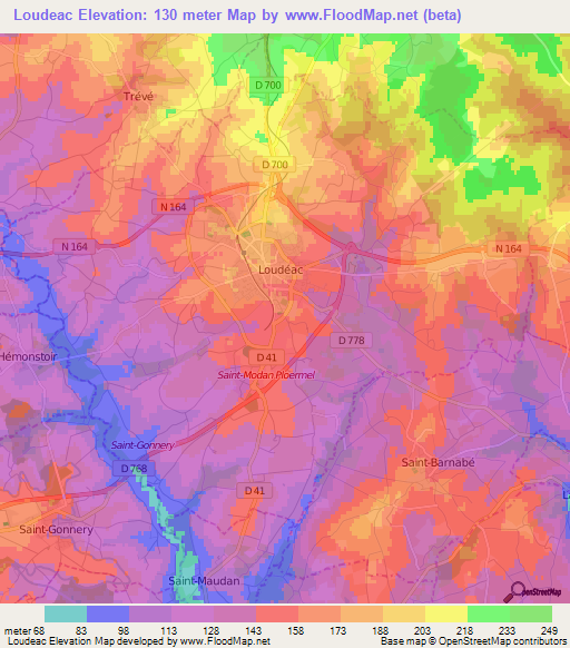 Loudeac,France Elevation Map