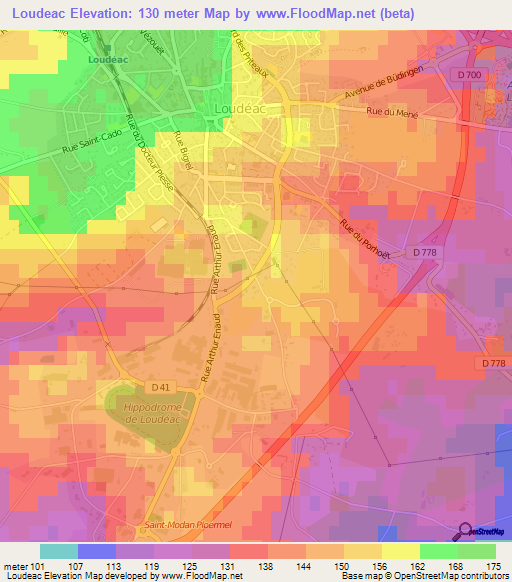 Loudeac,France Elevation Map