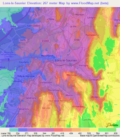 Lons-le-Saunier,France Elevation Map