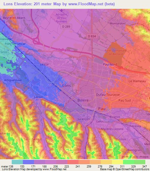 Lons,France Elevation Map