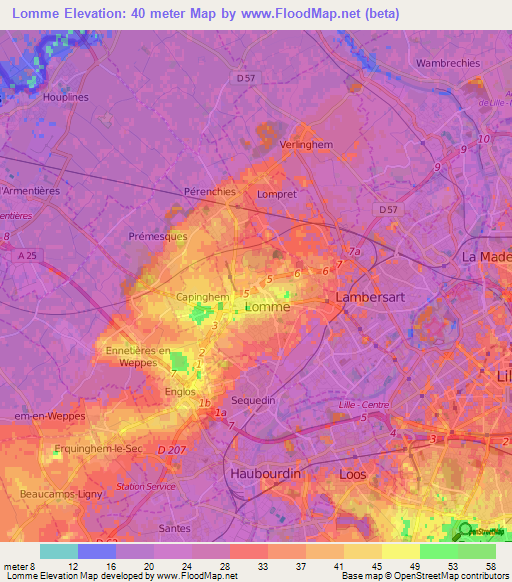 Lomme,France Elevation Map
