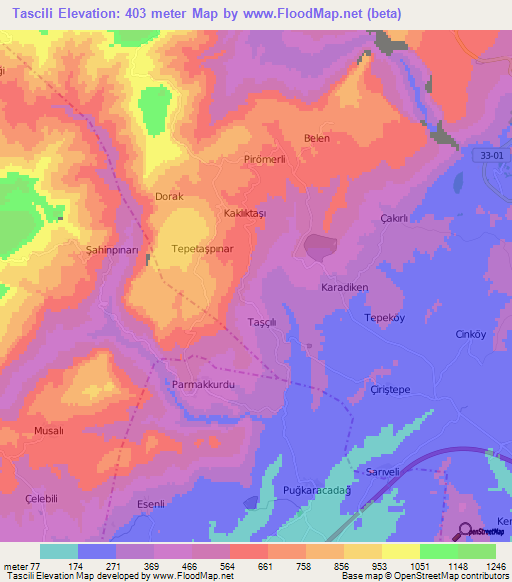 Tascili,Turkey Elevation Map