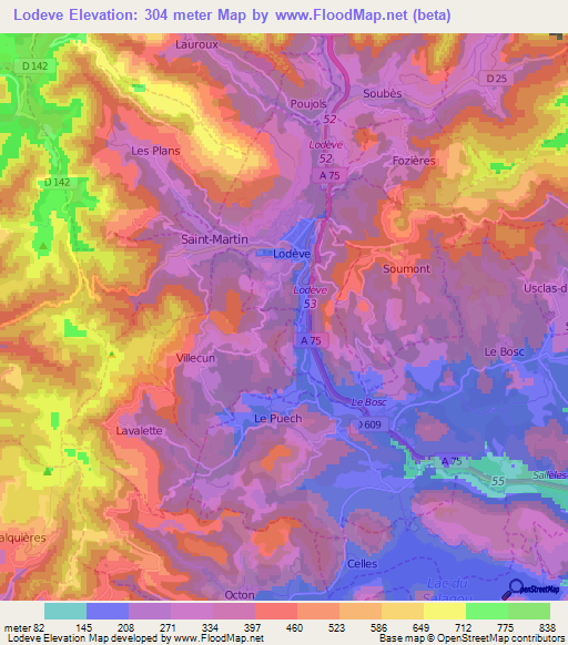 Lodeve,France Elevation Map