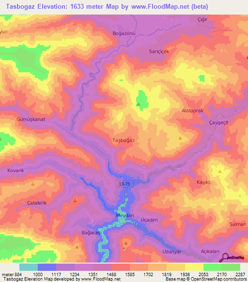 Tasbogaz,Turkey Elevation Map