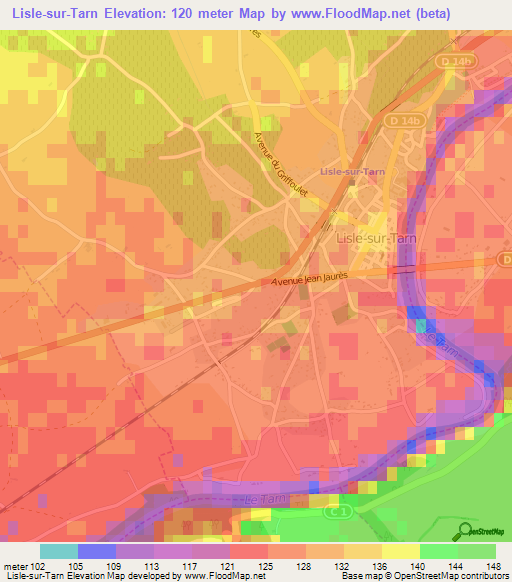 Lisle-sur-Tarn,France Elevation Map