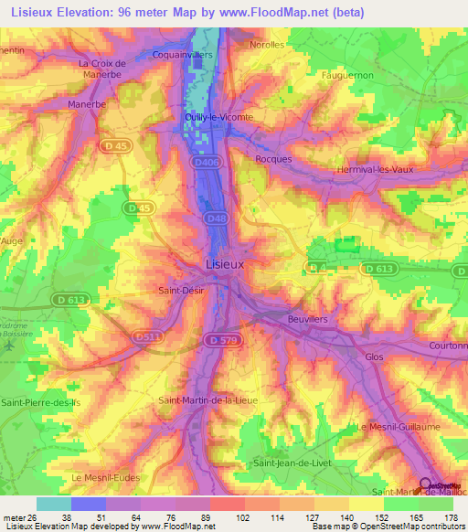 Lisieux,France Elevation Map