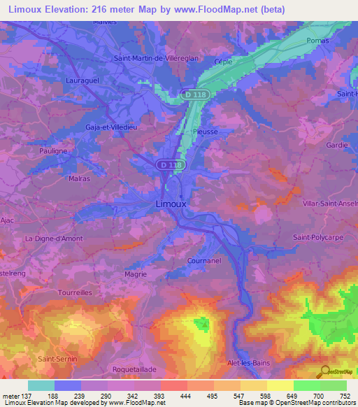 Limoux,France Elevation Map