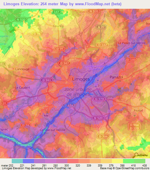 Limoges,France Elevation Map