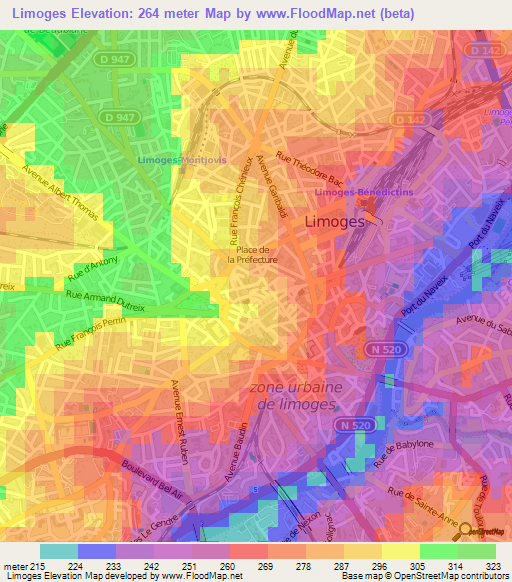 Limoges,France Elevation Map