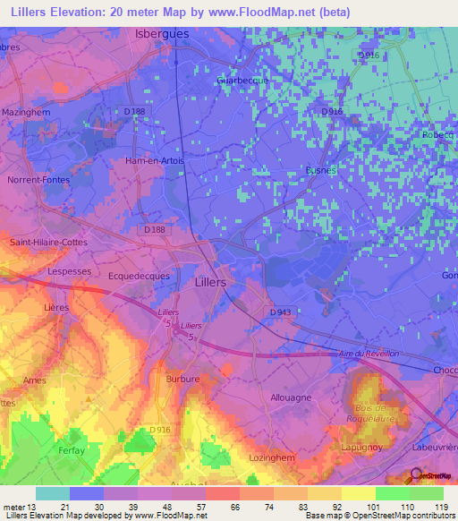 Lillers,France Elevation Map