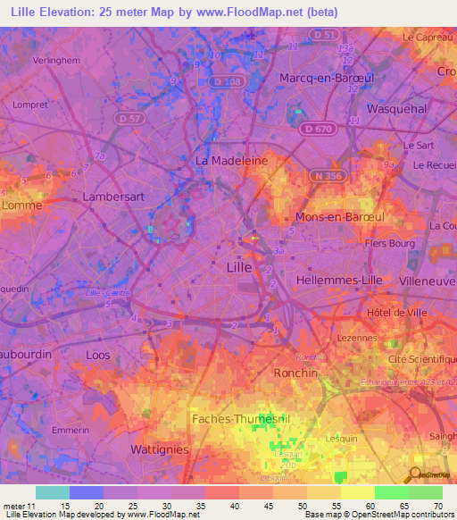 Lille,France Elevation Map