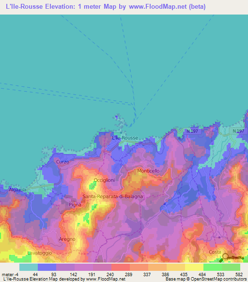 L'Ile-Rousse,France Elevation Map