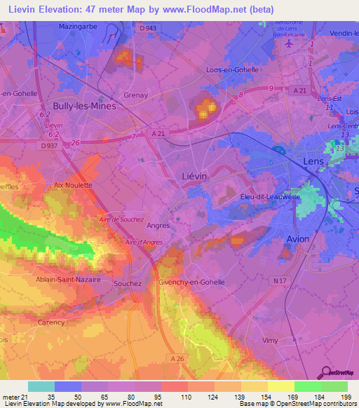 Lievin,France Elevation Map