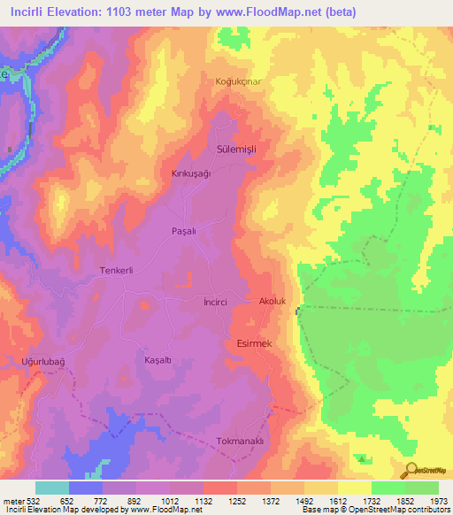 Incirli,Turkey Elevation Map