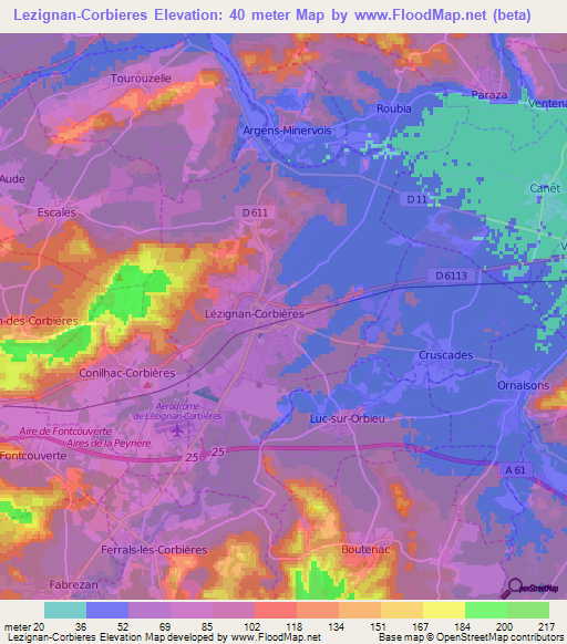 Lezignan-Corbieres,France Elevation Map