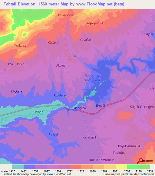 Tahtali,Turkey Elevation Map