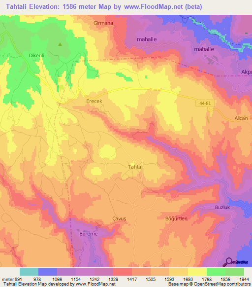 Tahtali,Turkey Elevation Map