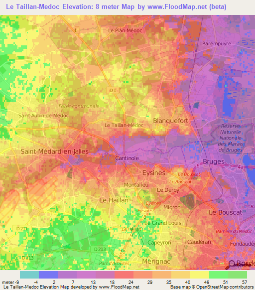 Le Taillan-Medoc,France Elevation Map