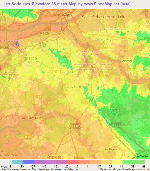 Les Sorinieres,France Elevation Map