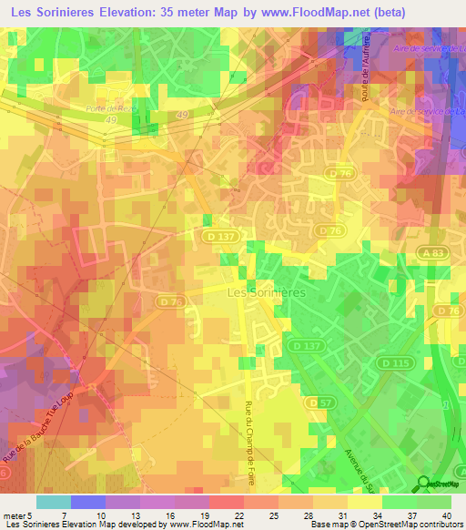 Les Sorinieres,France Elevation Map