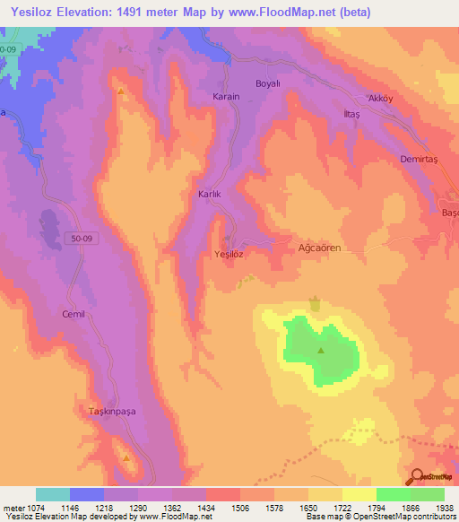 Yesiloz,Turkey Elevation Map