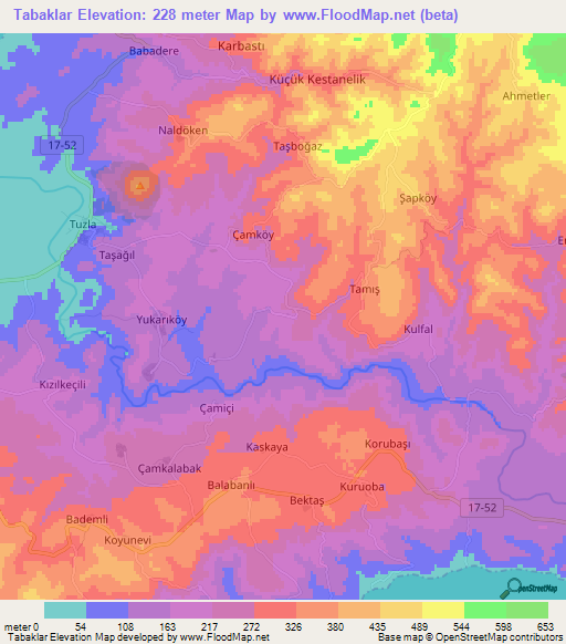 Tabaklar,Turkey Elevation Map