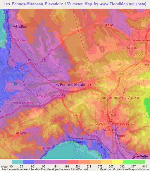 Les Pennes-Mirabeau,France Elevation Map